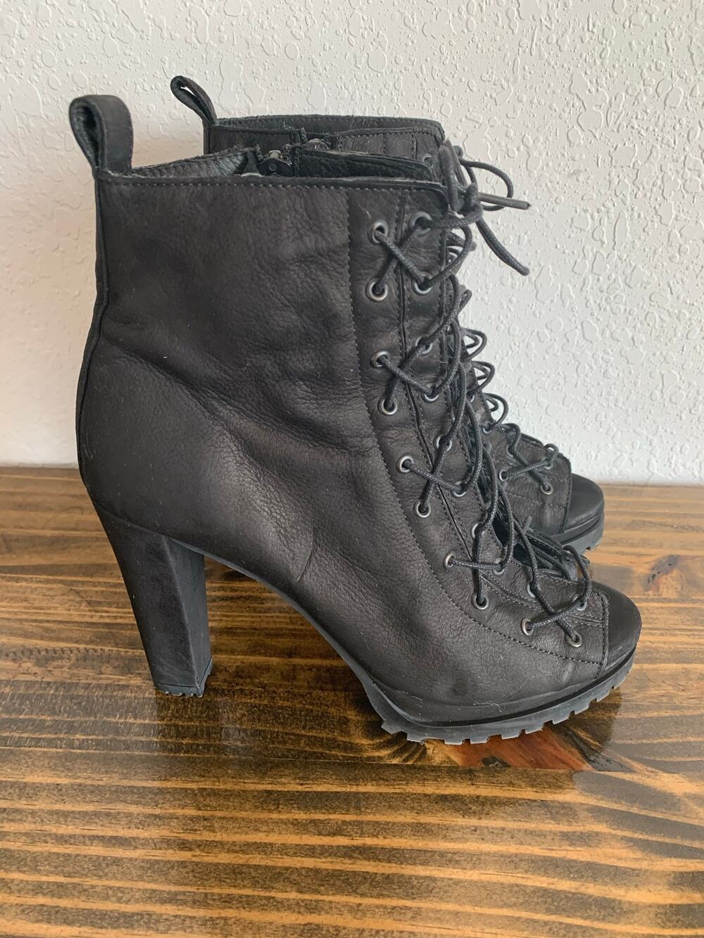 AllSaints Black Leather Peep Toe Boots Lace-Up High Heel EU 37